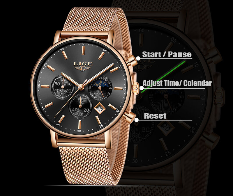 2020 New Women Gift Clock LIGE Fashion Brand Quartz Wristwatch Ladies Luxury Rose Gold Watch Female Watch Women Relogio Feminino