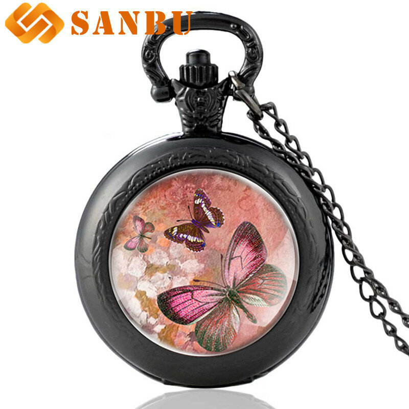 Bonito rosa borboleta charme colar relógio de bolso vintage masculino feminino antigo jóias quartzo colar relógios