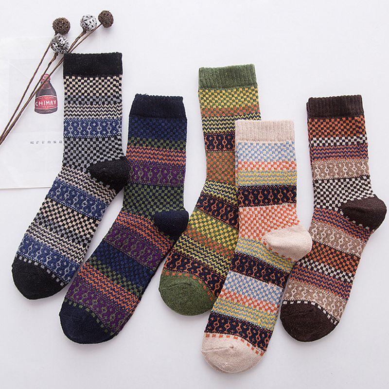 5 paar Herren Vintage Ethnische Woolen Warme Lange Socken Überprüft Striped Geometrische Rippen Stricken Winter