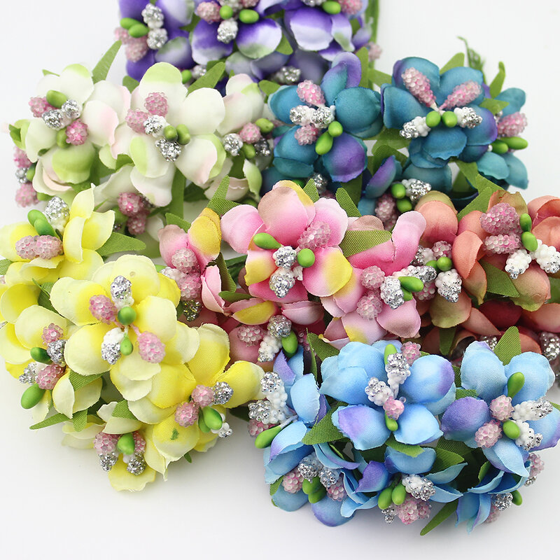Flores artificiales de 3cm para decoración, caja de dulces para boda, álbum de recortes, coronas de flores falsas, 6 uds.