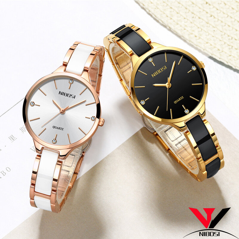 Relógios femininos nibosi, pulseira de relógio de pulso à prova d'água dourado rosa