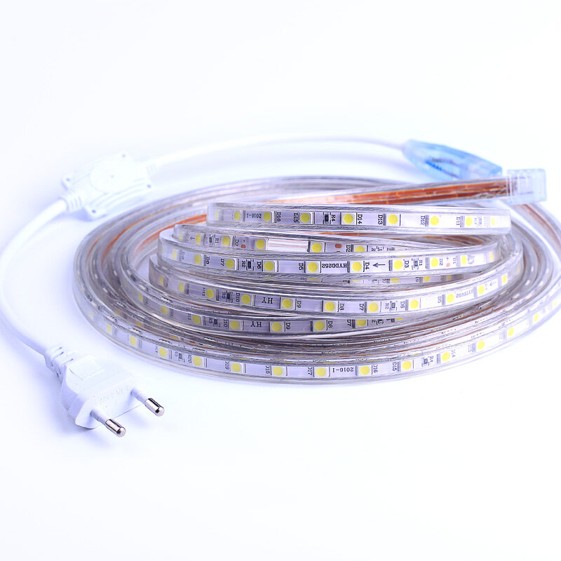 SMD 5050 impermeable AC220V tira de iluminación LED Flexible 60leds/m Led RGB cinta de luz LED con enchufe de alimentación de 1M/2M/3M/5M/6M/10M/15M/25M