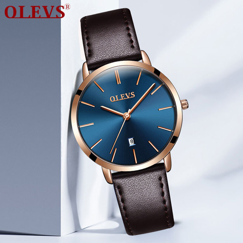 OLEVS-ساعة يد جلدية رفيعة للغاية ، ساعة يد كوارتز عصرية للرجال والنساء ، هدية للعشاق ، الأولاد والبنات
