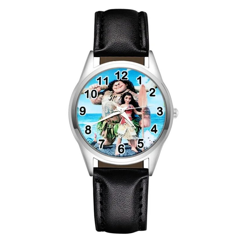 Relógio infantil estilo moana de desenho, relógio de pulso de couro de quartzo para estudantes e crianças, com pulseira de couro