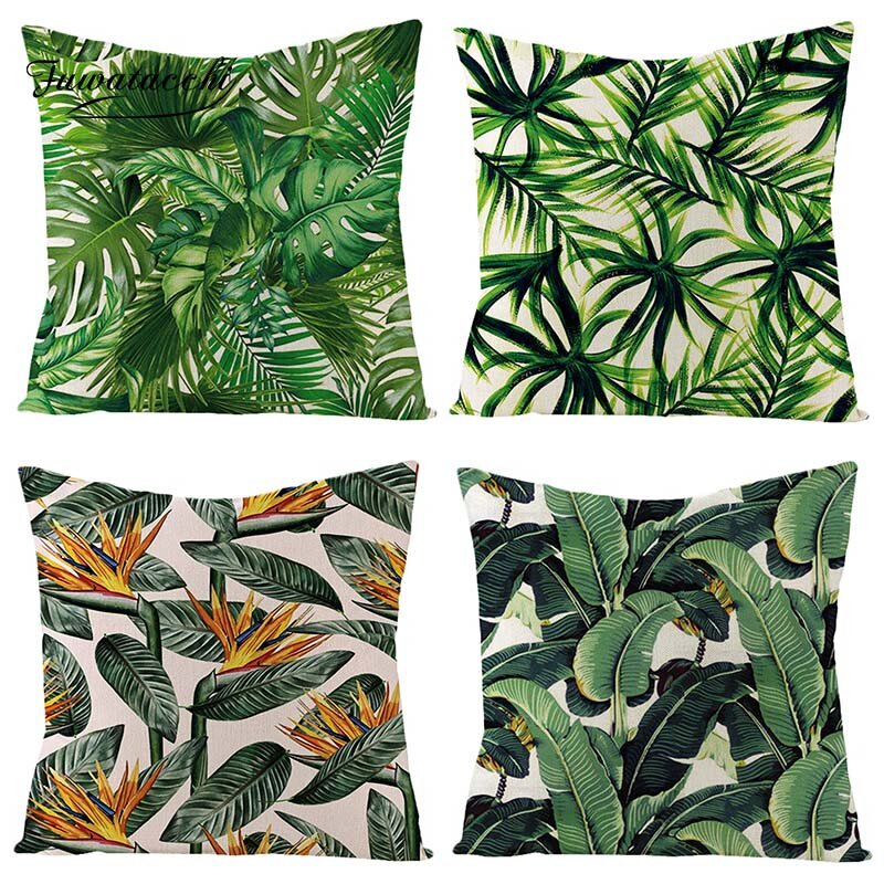 Fuwatacchi Tropical Plant Flowers and Trees Linen Cushion Cover Green Red Nature Plants Throw Pillow Cover Colorful Pillowcases