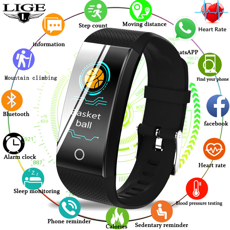 Умный Браслет LIGE IP68, водонепроницаемые спортивные часы, пульсометр, шагомер, фитнес-трекер для Android ios