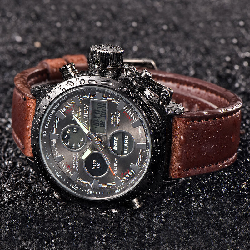 XINEW montre de luxe pour hommes montre à Quartz de haute qualité Sport militaire armée en cuir montres LED analogique en acier inoxydable montre-bracelet zegarek