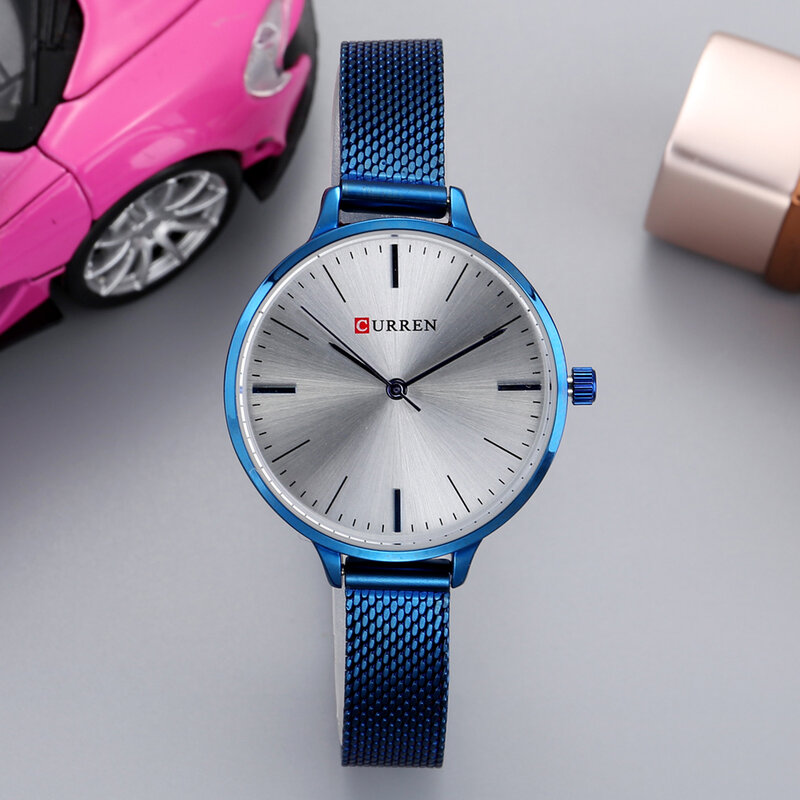 Curren relógio de pulso minimalista quartz, feminino de marca famosa, moderno, em aço com pulseira de malha