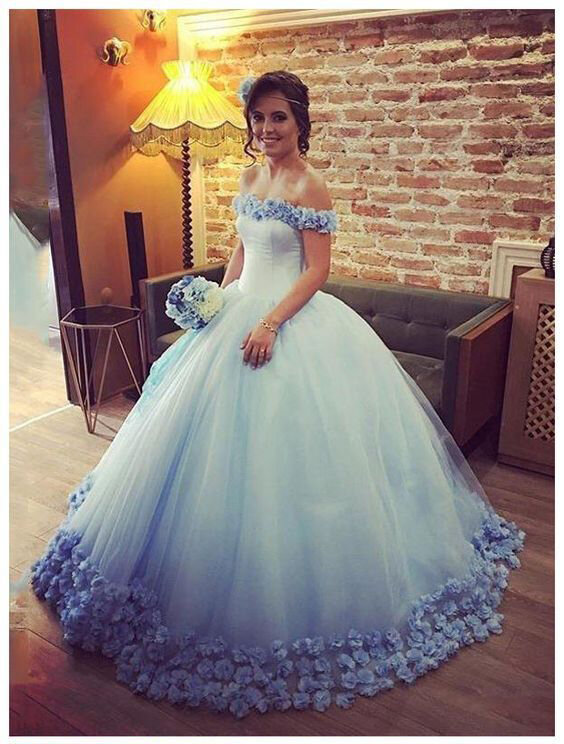 Cinderela Quinceanera Vestidos 2019 Novo Romatic Céu Azul Fora Do Ombro  Floral Longo Organza Formal Vestido De Baile Cosplay Vestido De Baile De  Hxhdress, $989,…
