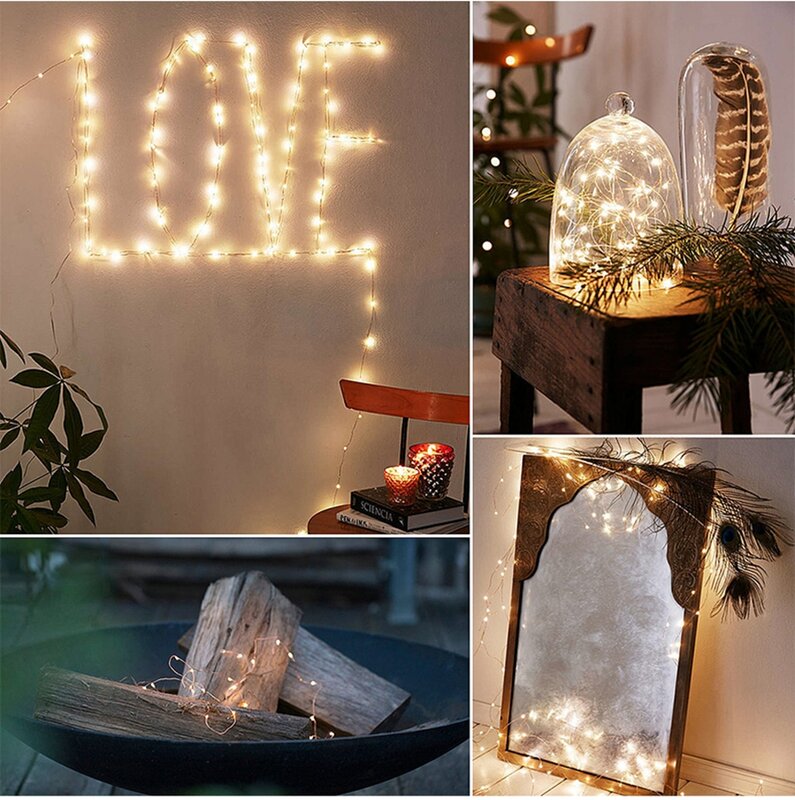 銅線LEDストリングライト,2個,妖精,クリスマス,屋内寝室,家,結婚式,新年の装飾バッテリー