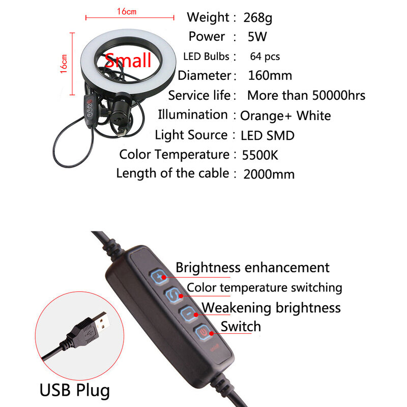 Кольцевой светильник с регулируемой яркостью для мобильного телефона, 6 дюймов, круглая лампа с разъемом USB, со штативом, Bluetooth, для студийной...