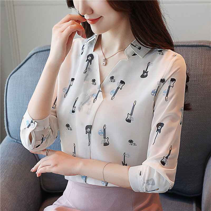 Женская шифоновая блузка с длинным рукавом, маленькая рубашка с V-образным вырезом и принтом, весна 2020
