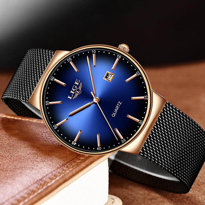 2019 LIGE カジュアルスリムストラップ日付クォーツ時計メンズ腕時計トップブランドの高級男性のファッション超薄型ダイヤル防水時計