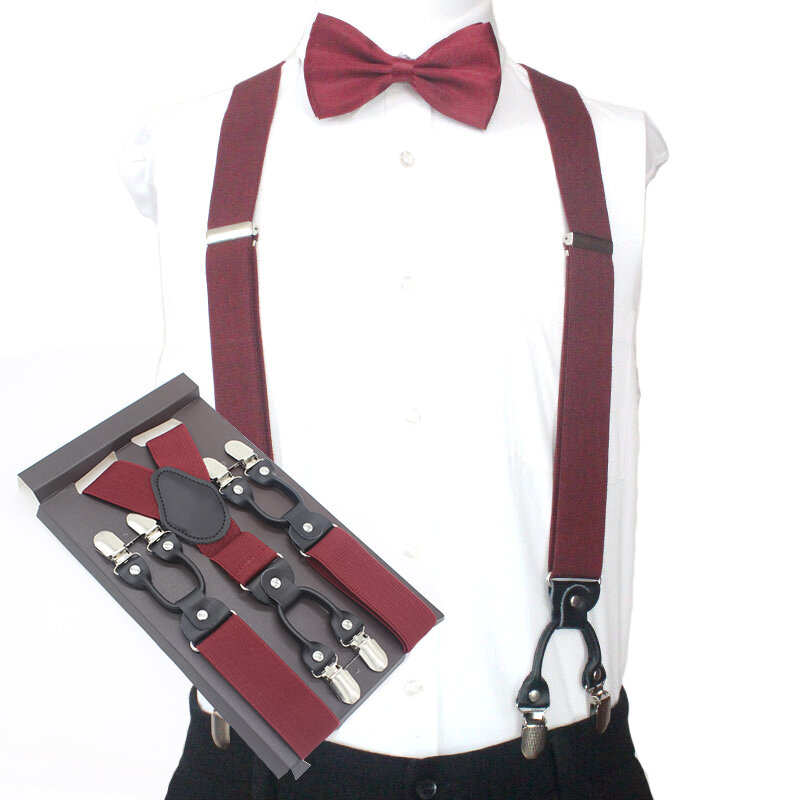 Men Suspenders Solid Party Wedding Various Classic 6 Clips Pre-Tied Bow tie Set Y Shape Adjustable Braces Strap Husband's Gift