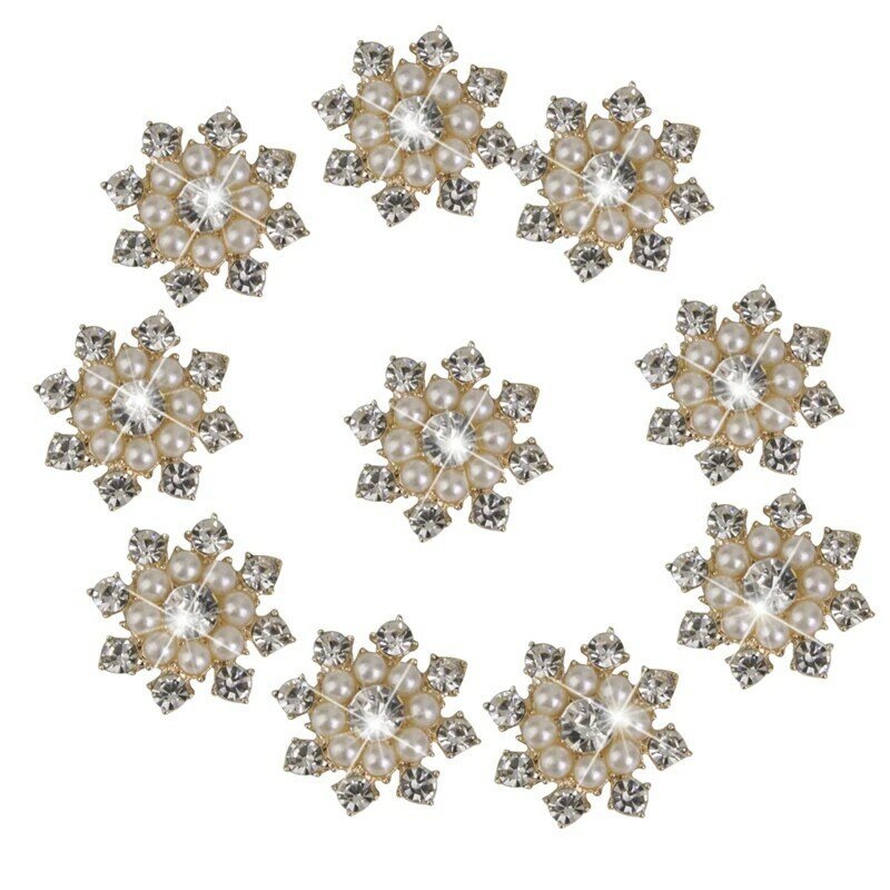 10pcs/lot Vintage Metal Decorative Buttons Crystal Pearl Flower Center Alloy Flat Back Rhinestone Buttons Diy Craft Supplies