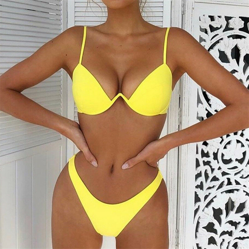 Hot Sale Wanita Push-Up Perban Bikini Warna Solid Pakaian Renang Rendah Pinggang Segitiga Baju Renang Seksi Pakaian Maillot De bain Femme