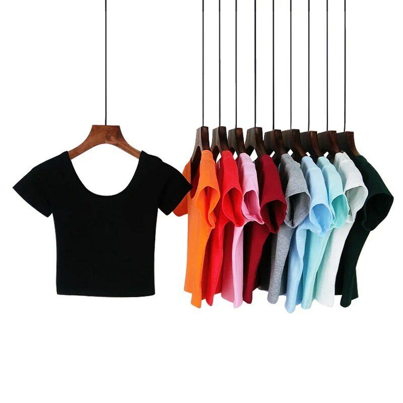 Camiseta de manga corta con cuello redondo para mujer, Camiseta básica Simple de algodón de cintura alta, Top corto ajustado, camiseta Multicolor