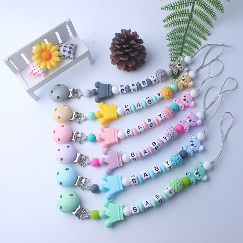 Personalised Name Baby Pacifier Clip Chain Cute Cartoon Bear Letters Toys Teether Pacifier Chain Holder Baby Nipple Feeding