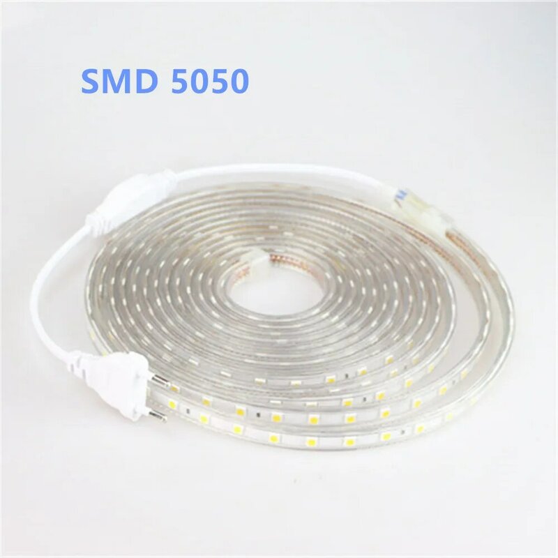 Wodoodporna SMD 5050 AC220V elastyczna taśma LED, jasna 60 leds/m taśma Led RGB LED z wtyczka zasilania 1m/2M/3M/5M/6M/10M/15M/25M