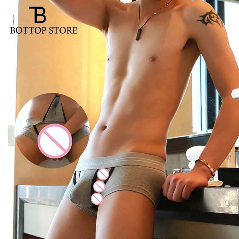 MLXN-ropa interior Sexy Gay para hombre, calzoncillos con perforaciones, pantalones cortos de boxeador erótico, entrepierna abierta, bolsillo para pene, cintura baja