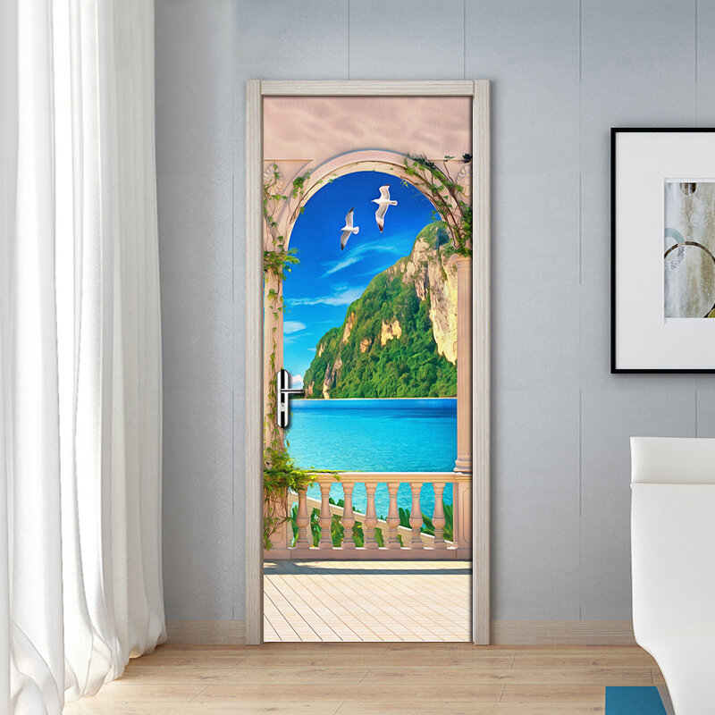 European Sea Scenery 3D DIY Door Mural Stickers Modern Home Decoration Bedroom Living Room Door Sticker PVC Waterproof Wallpaper