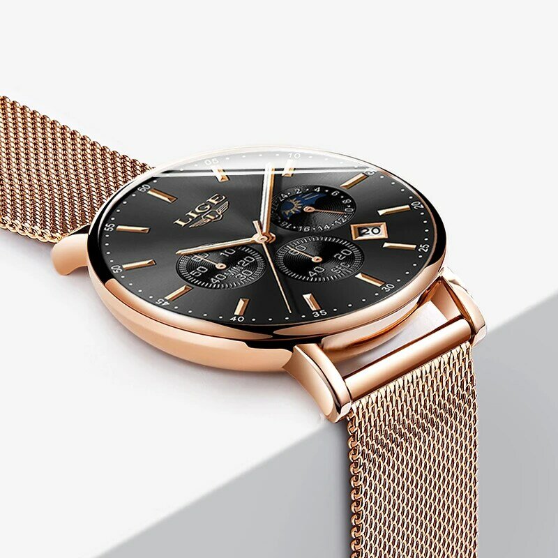 Часы наручные LIGE женские кварцевые, брендовые роскошные, с розовым золотом, подарок для женщин, 2022