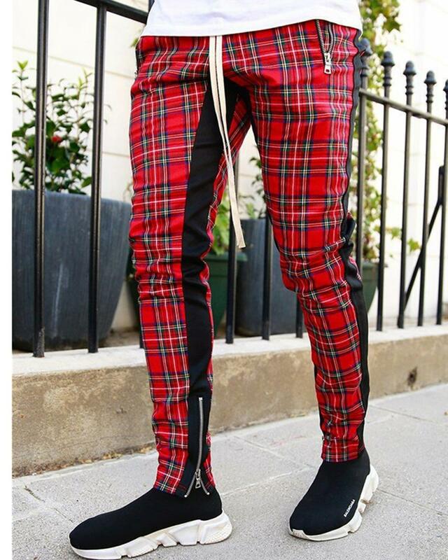 Streetwear red Plaid Pants Men Joggers 2019 Man Casual Straight Pants Men  Hip Hop Track Pants Plus Size