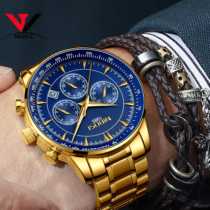 NIBOSI-reloj analógico de acero inoxidable para hombre, accesorio de pulsera de cuarzo resistente al agua con calendario, complemento Masculino de marca de lujo, 2018