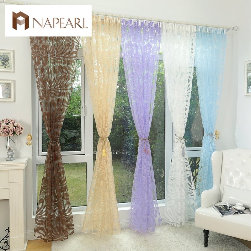 NAPEARL-cortina de tul azul con diseño Floral, tela transparente para dormitorio, paneles transparentes florales