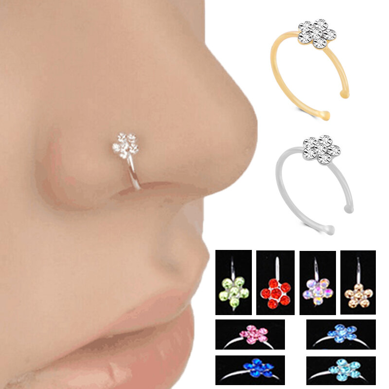Men Women Fake Crystal Nose Piercing Body Jewelry Floral Nose Hoop Nostril Nose Ring Tiny Flower Helix Cartilage Tragus Ring