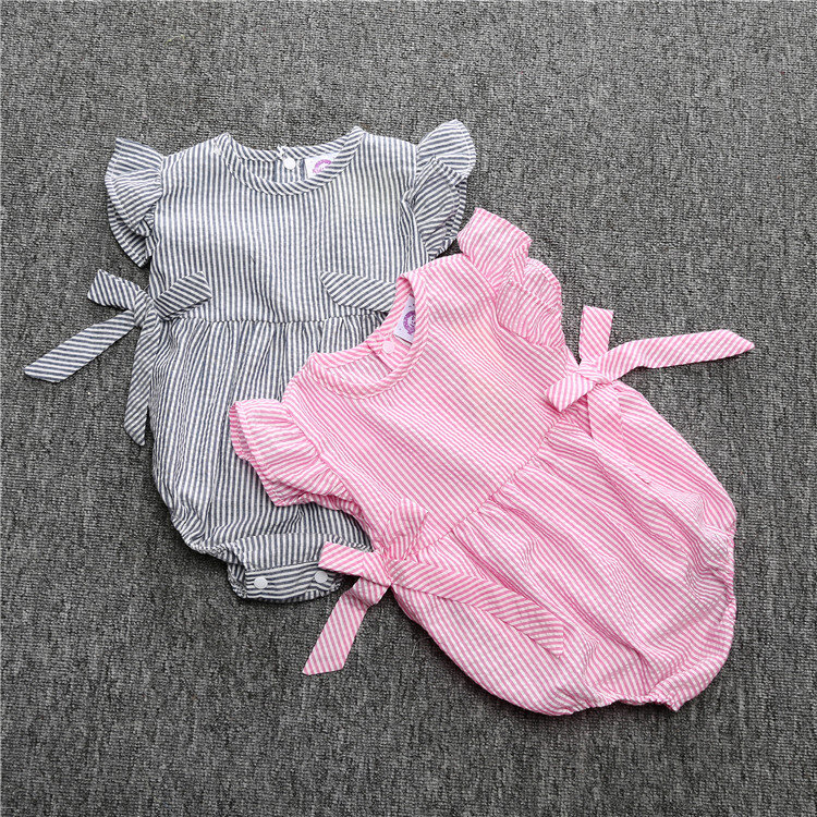 2 色かわいい女の赤ちゃん弾性バンドストライプロンパーススーツ服新生児幼児子供服子供の服