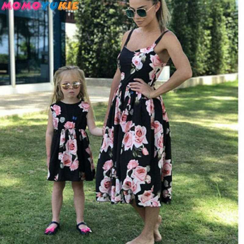 Family Look Women Matching Mother And Daughter Clothes Sleeveless Floral Dress For Mommy And Me Kids Girls Mom Daughter Dresses