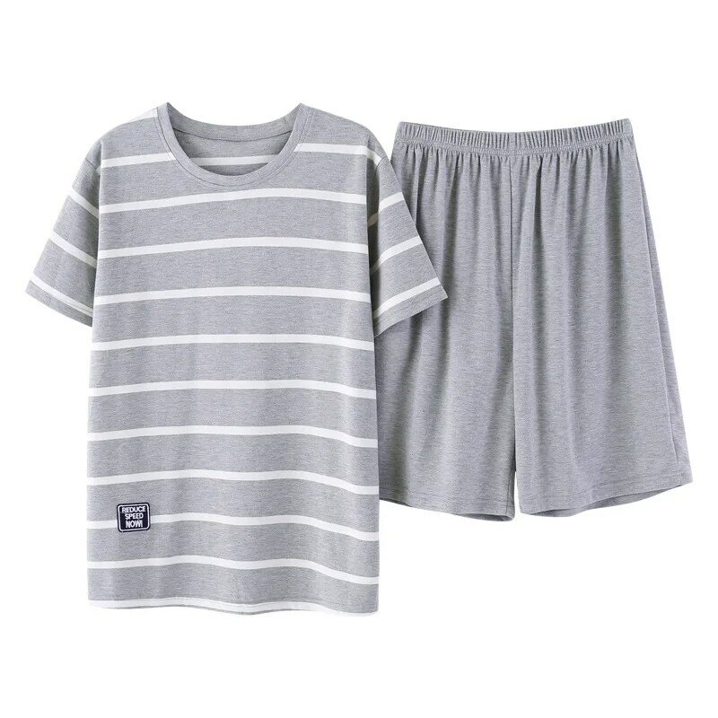 Conjunto de pijama masculino de algodão, pijama listrado com manga curta e gola redonda, roupa de dormir para o verão