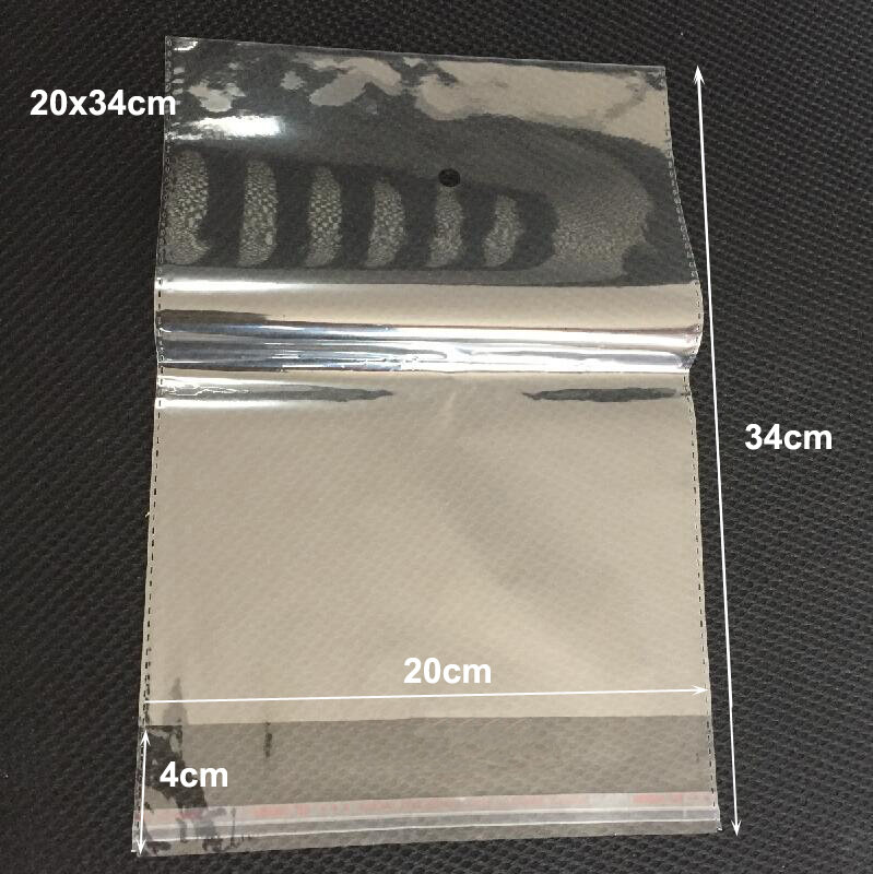 Bolsas de plástico autoadhesivas transparentes de gran tamaño, 200 unids/lote de 20x34, 22x34, 24x34, 26x34cm
