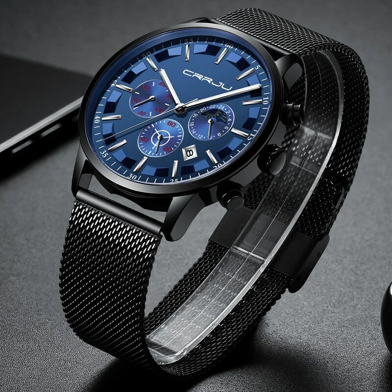 Crrju novo relógio masculino fashion multifuncional, relógio cronógrafo à prova d'água com pulseira de malha casual cronômetro