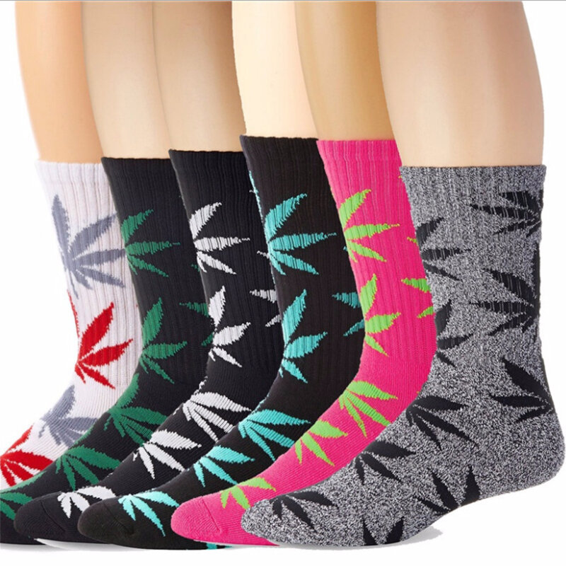 Meias de algodão com folha de marijuana, meias casuais com 1 par