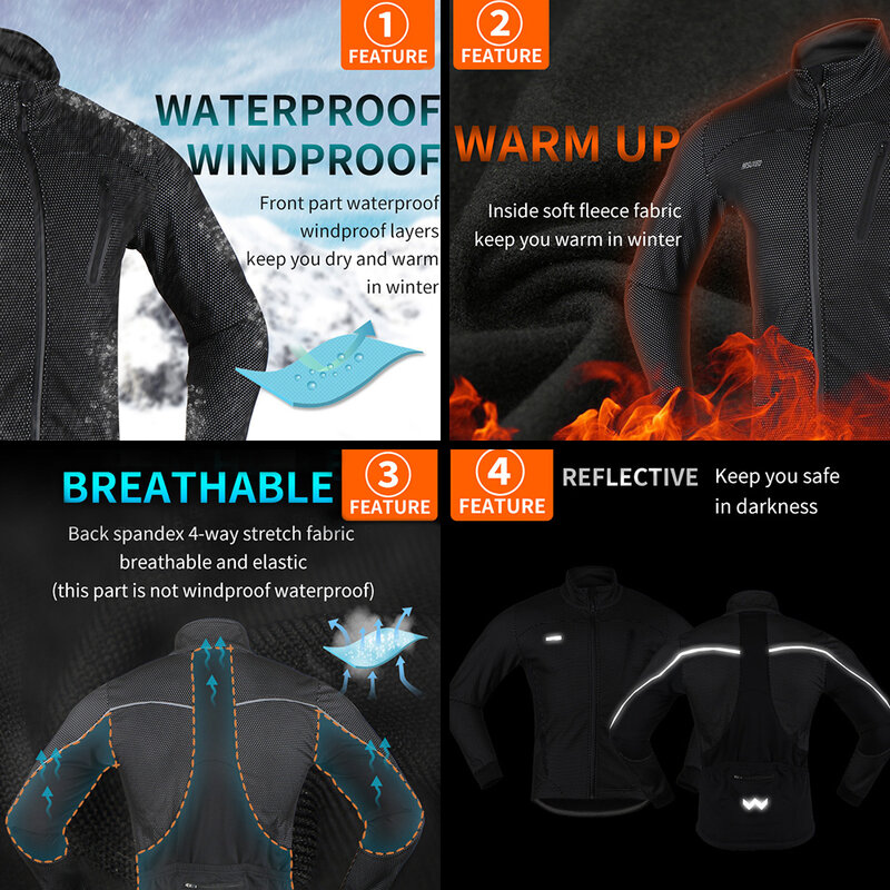 Arsuxeo jaqueta térmica masculina, para ciclismo de inverno quente de lã roupas de bicicleta à prova de vento e à prova d'água casaco esportivo mtb camisa 16h