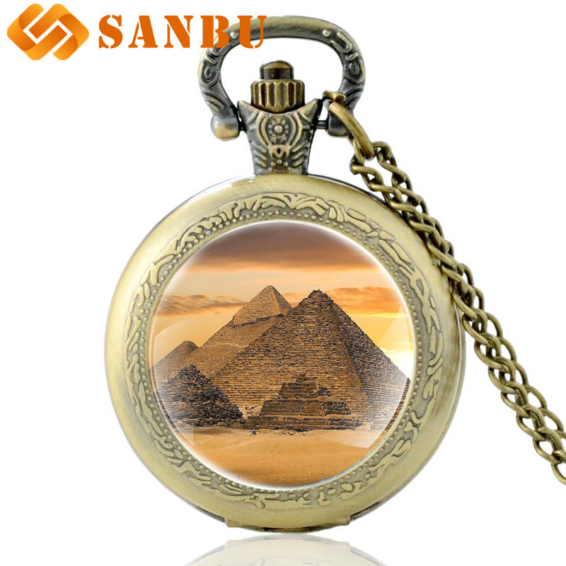Pirâmide egípcia de bronze vintage, relógio de bolso de quartzo retrô para homens e mulheres, colar de joias