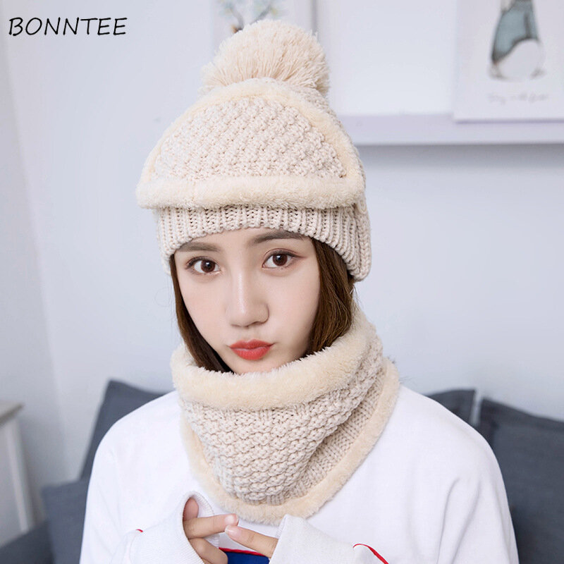 Cappello e Sciarpa Set di Modo Delle Donne di Inverno Lavorato A Maglia Più di Velluto Maschere Tre Set di Ispessimento del Cachemire Caldo Delle Donne Molle di Stile Coreano