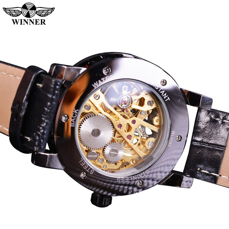 Negro Dourado Retrô relógios Esqueleto Relógios de Homens Marca de luxo Montre Homme Relógios de Pulso com cinto de couro para Homens Relógio Mecânico