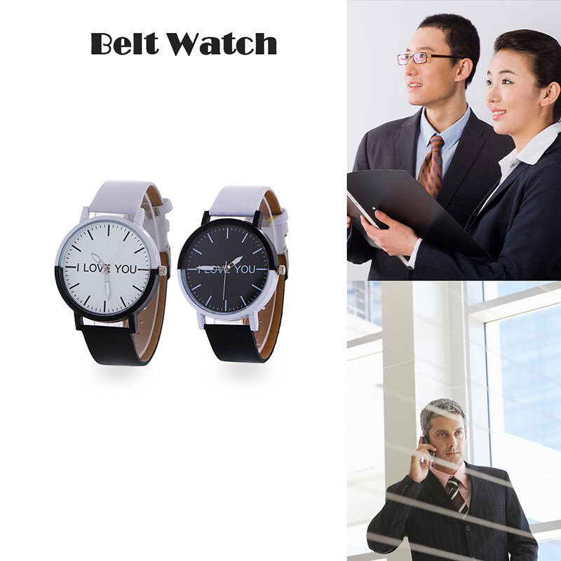 1 Pcs Zaken Eenvoudige Horloges I Love U Liefhebbers Unisex Horloges Fashion Zwart Wit Pu Lederen Horloge