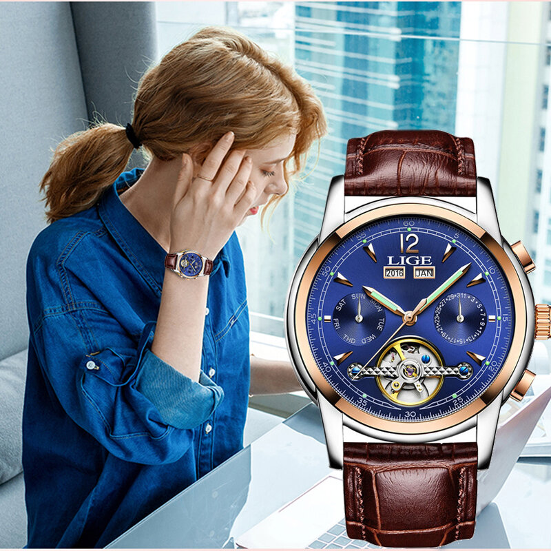 Часы наручные LIGE женские Автоматические, модные брендовые водонепроницаемые спортивные деловые с кожаным ремешком