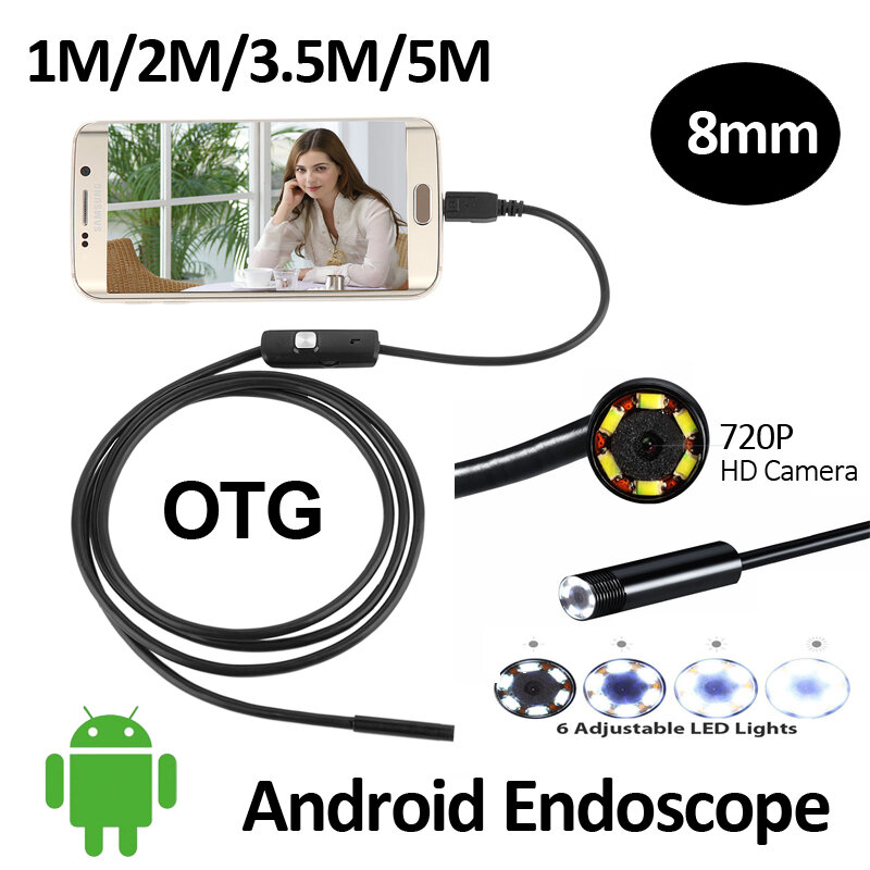 Hd720p 2mp 8mm android usb endoscópio câmera 6led cobra flexível fio rígido 10m 1m 2m 3.5m 5m android otg usb borescope câmera