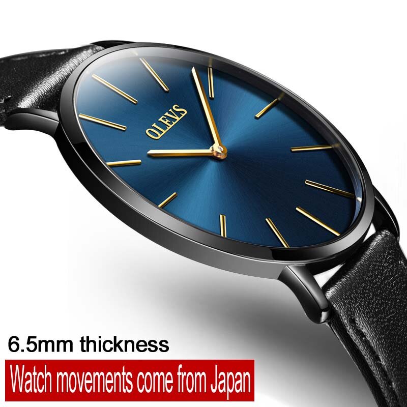Olevs-relógio de pulso masculino, pulseira de couro, ultra fino, à prova d'água, resistente a arranhões, negócios, quartzo