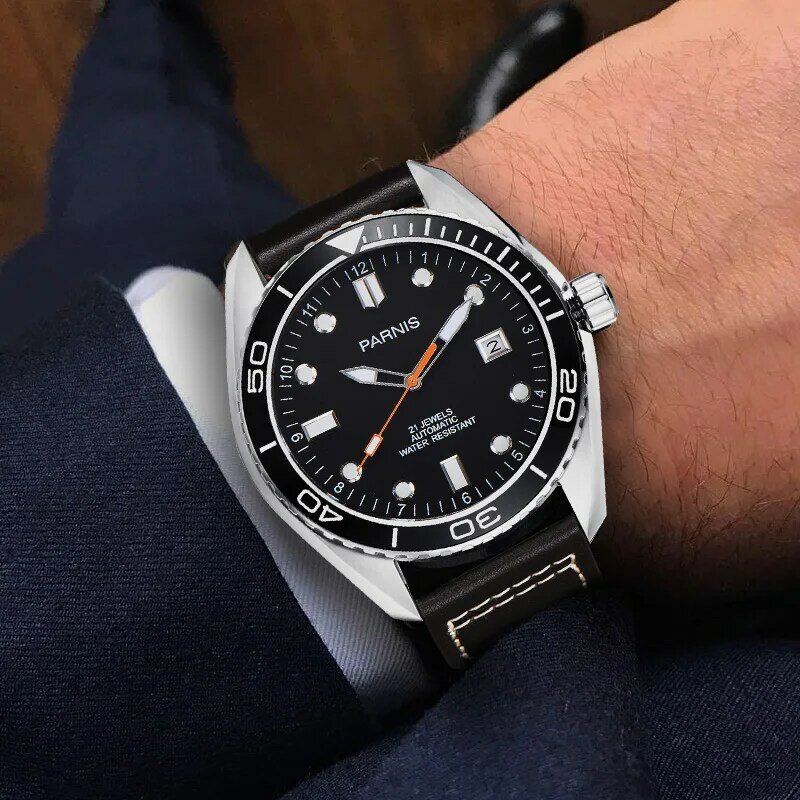 Moda parnis 45mm relógio automático de luxo pulseira couro mecânico safira à prova dwaterproof água esportes masculino relógios reloj hombre