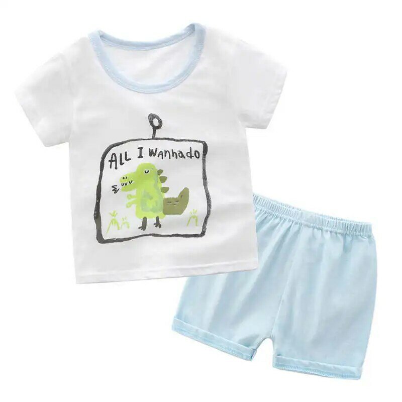 Musim Panas Anak Set Kaus Katun Kartun Hewan Mobil Anak Laki-laki Anak Perempuan Celana Pendek Kasual Anak-anak Pakaian Set