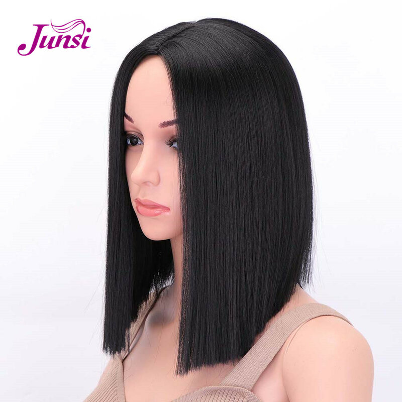 JUNSI Short Wig Black Bob High Temperature Fiber Synthetic Wig Medium Ombre Red Straight Bob Hair