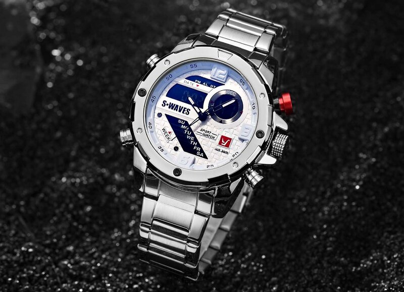 Swaves relógio digital de quartzo, relógio digital à prova d'água de marca com dupla tela, relógio grande de aço inoxidável para homens