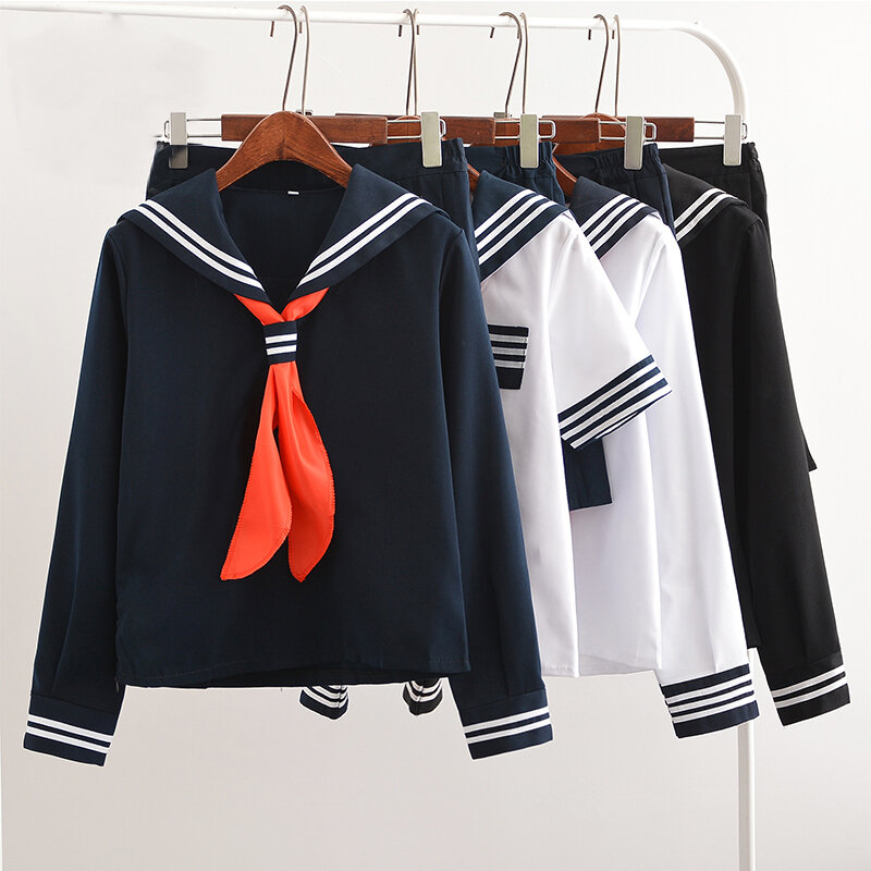 Nowa sprzedaż Anime mundurek szkolny Cosplay japońska uczennica granatowy marynarz mundurki szkolne z czerwonym szalikiem Cos mundury JK LYX0701