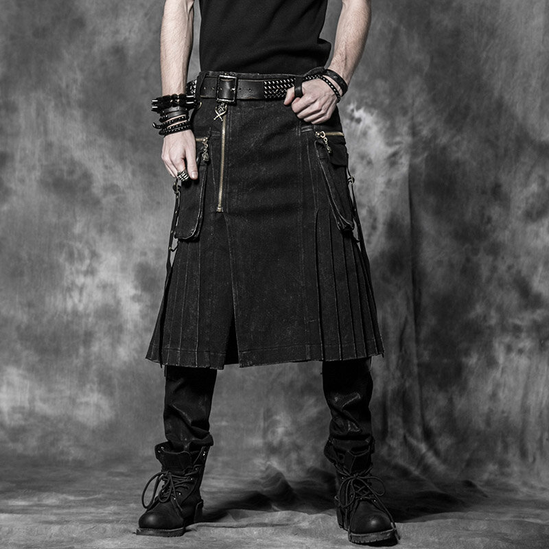 Brown Gothic Punk Scottish Kilt Costume Double Pockets Men Skirts Belt Lattice Plait Skirts Bilateral Pocket Chain Skirts